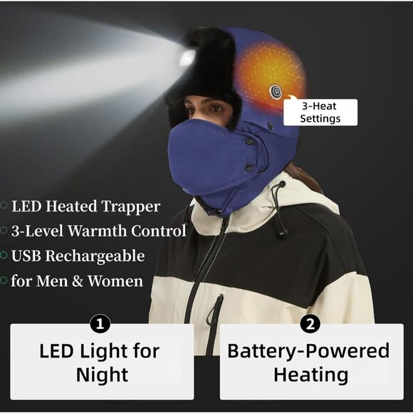 Men Navy Blue Heated Trapper Hat Faux Fur Ushanka with Rechargeable LED Light - Picture 2 of 7